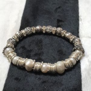 Silver Pearl Bead Charm Bracelet Stretch